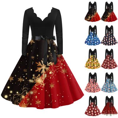 Women's Casual Fashion V-neck Long Sleeved Retro Christmas Print Retro Dress