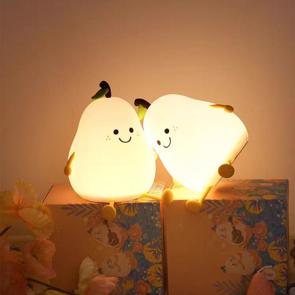 LED Pear Fruit Night Light USB Rechargeable Dimming Touch Silicone Nightlights Bedroom Bedside Decoration Couple Gift Boby Light