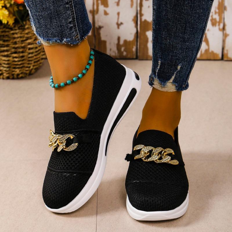 New Metal Chain, Slope Heel, Thick Sole, One Pedal, Breathable and Lightweight Mesh, Large Size Casual Single Shoes for Women