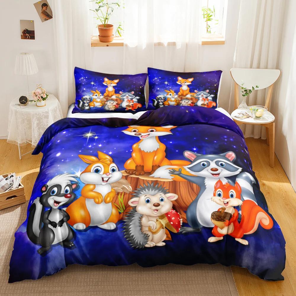 Cartoon Fox Bedding Set Cute Fox With Flower Feather Headband Duvet Cover Twin Full Queen King Polyester Duvet Cover Girls Boys