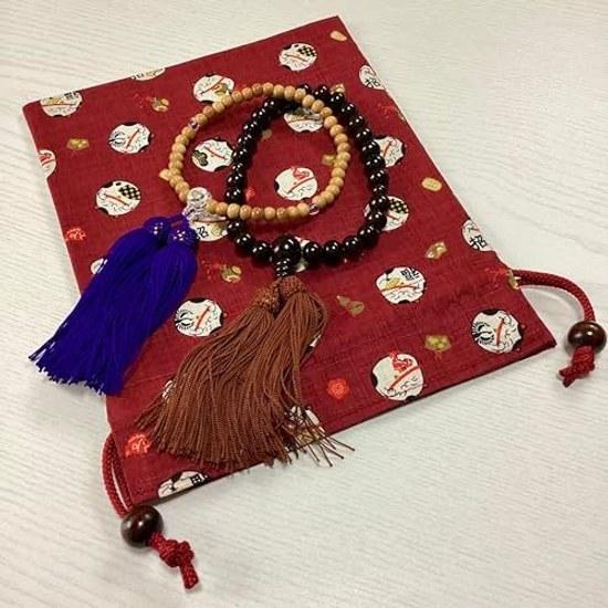 Kyosuke Made Japan Drawstring Bag Pouch Cat Approximately 24.519cm Cotton Wooden Beads Medium Lucky Charm Fukimaru Red