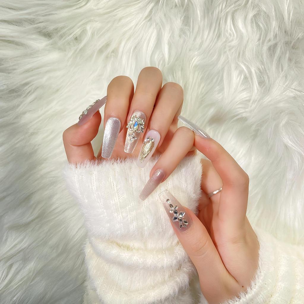 Handmade Luxury Cat Eye Diamond Gradient Champagne Party Nail Art Tips