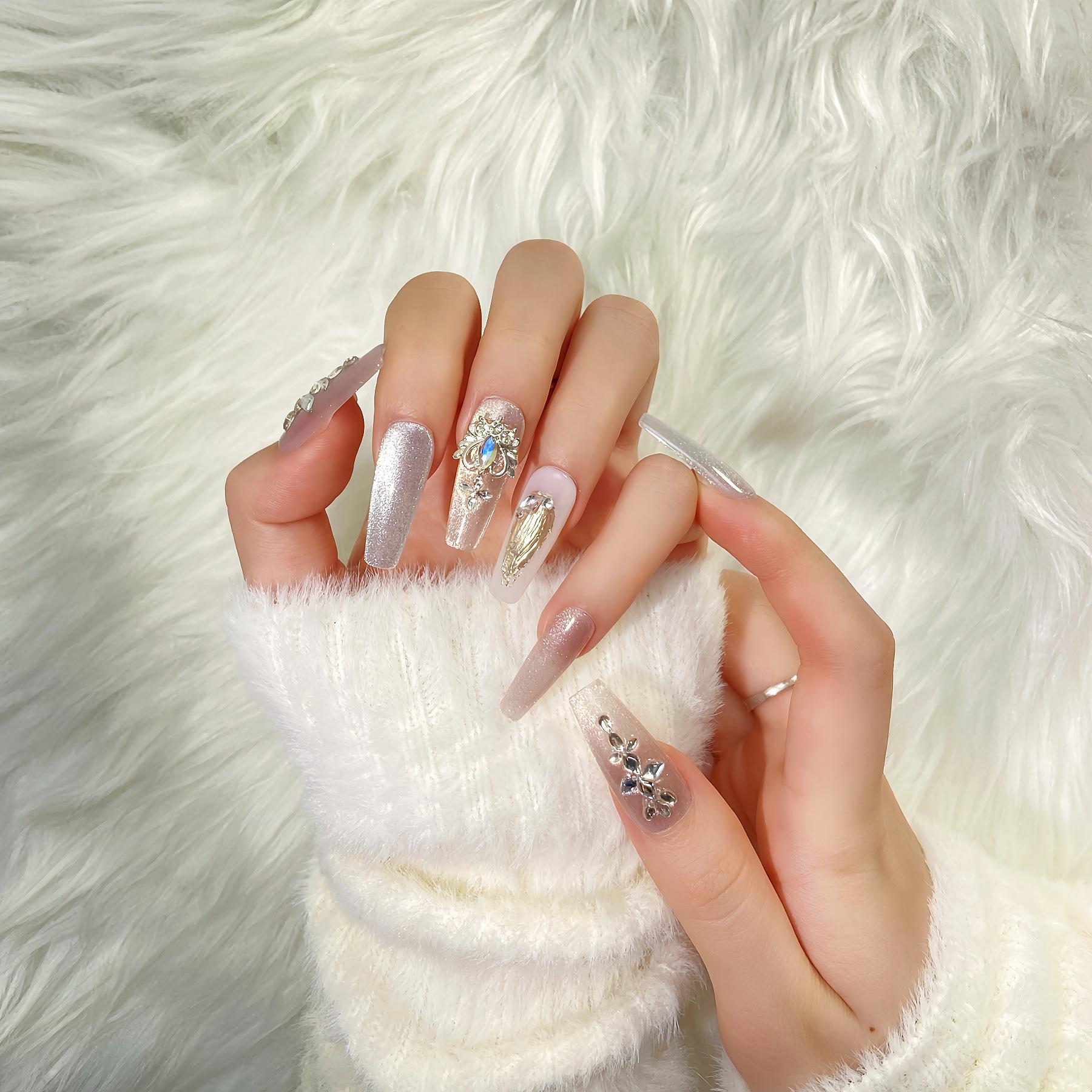 Handmade Luxury Cat Eye Diamond Gradient Champagne Party Nail Art Tips