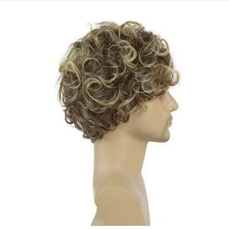 Synthetic Ombre Brown Blonde Short Curly Men Wig with Bangs Natural Hairstyle Wig for Male Daily Cosplay Party Heat Resistant Fiber Wig