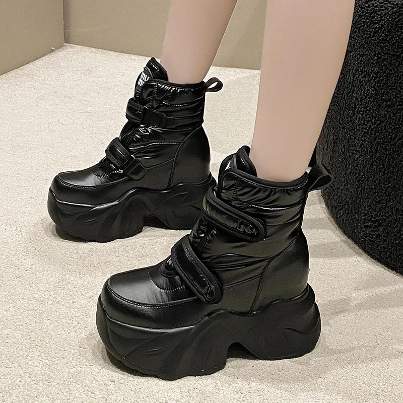 Winter Women's Fur Snow Boots Keep Warm Chunky Short Boots Outdoor Plush Mid-calf Shoes 9CM Platform Anti-skid Leather Sneakers