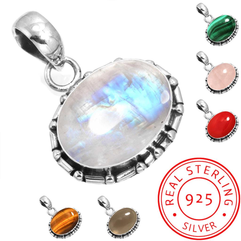 925 Sterlingsilber Anhänger Damen Edelstein Handgefertigter Schmuck Freundschaftstagsgeschenk Malachit Mondstein Rosenquarz Roter Stein Rauchtopas Tigerauge