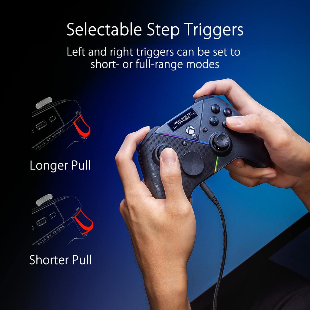 ASUS ROG Raikiri Pro Gamepad back buttons PC Xbox compatible OLED display Wired Bluetooth connectivity Selectable trigger distance ESS DAC Advanced