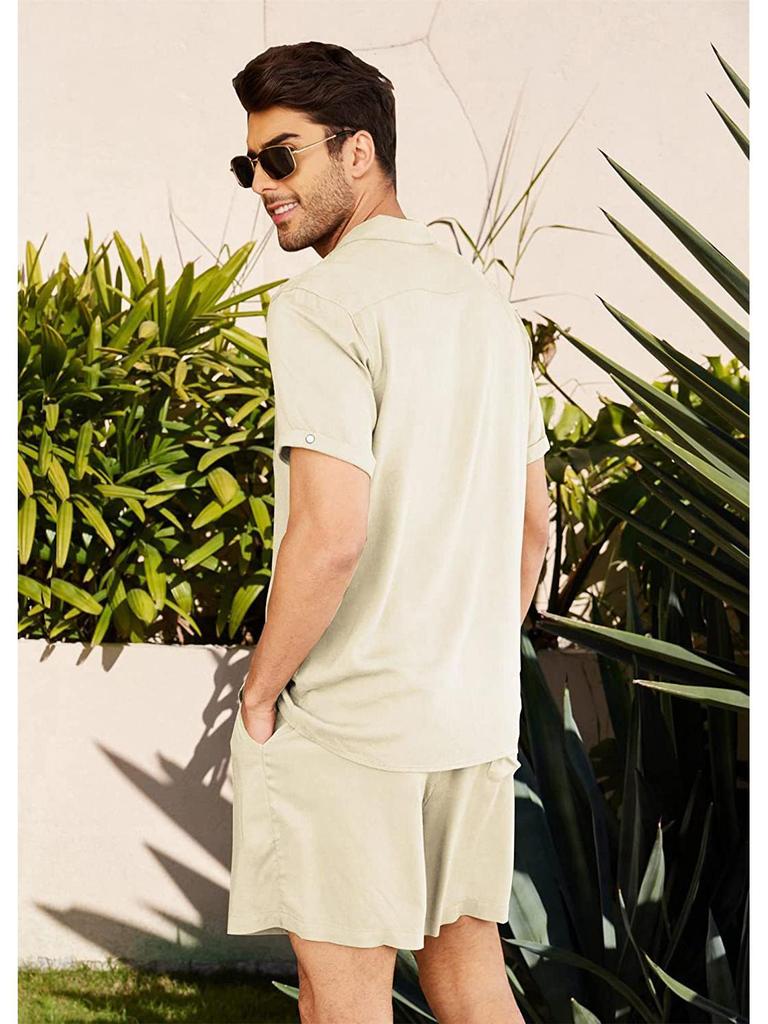 Pánská lněná košile s krátkým rukávem a šortky - Ležérní letní volný střih