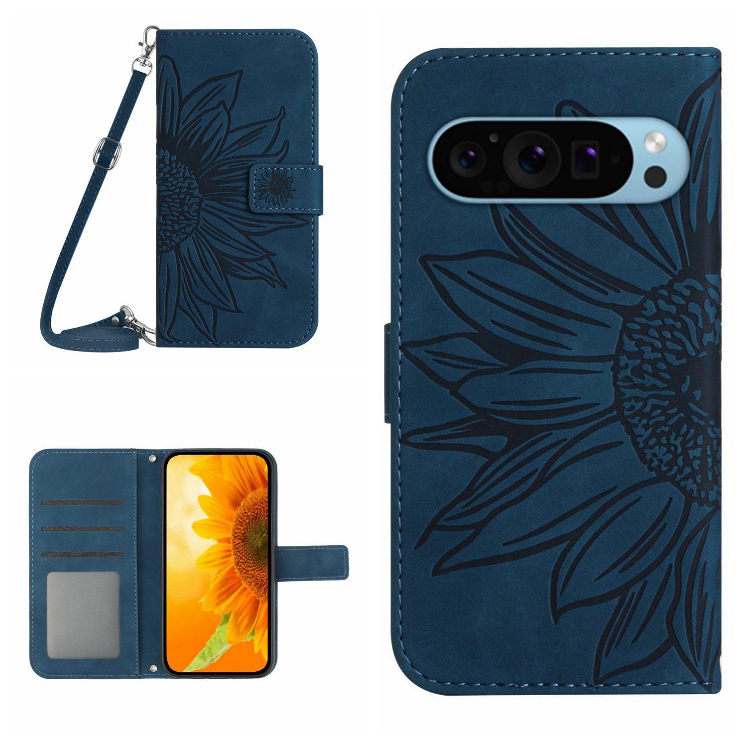 

HT04 For Google Pixel 9 Pro XL Leather Case Crossbody Phone Cover with Wallet Stand Dark Blue