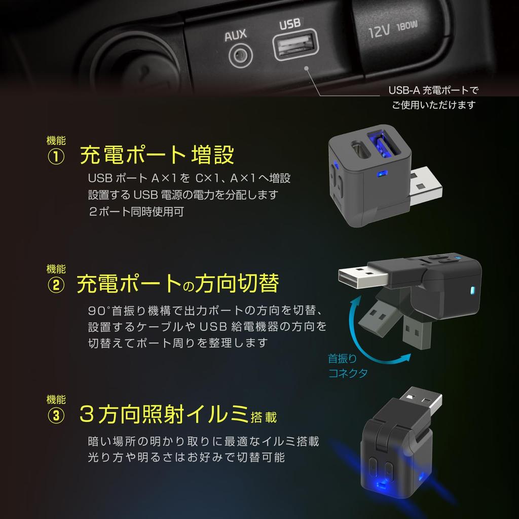 Kashimura Illuminated & swing-type USB expansion hub/Changing the port direction