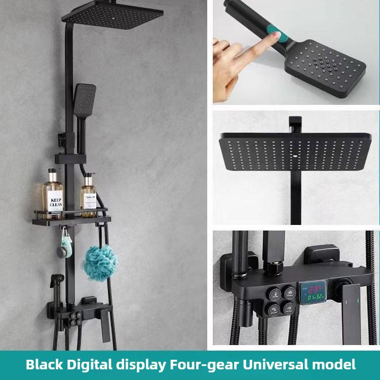 Household Bathroom Thermostatic Rain Shower Black Digital Display Pressurized Shower Head Button Showerhead Set