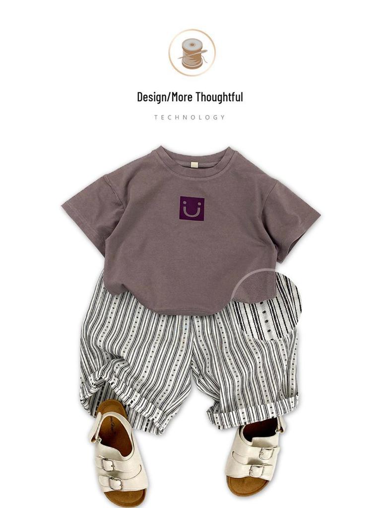 Kids' Japanese Style Vertical Stripe Cotton Linen Pants – Breathable, Straight 7-point Summer Pants for Boys and Girls, Trendy Korean Casual