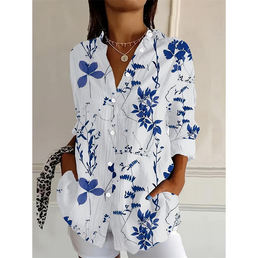 Camisa de mujer ajustada con botones, estilo casual, con estampado de flores de anacardo, ideal para uso diario. Camisa de solapa de talla grande.