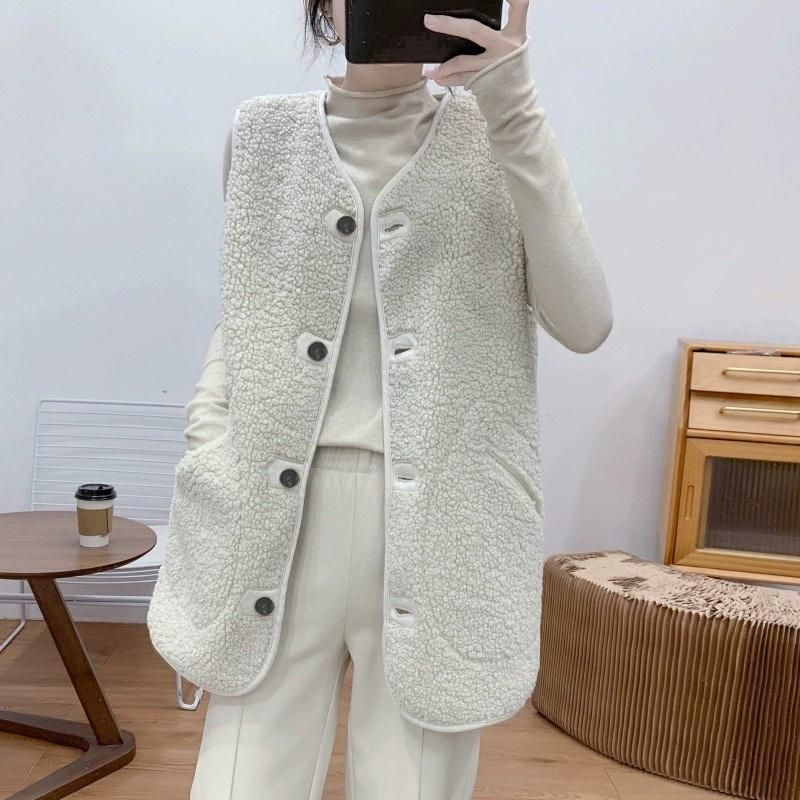 Women Pocket Vest Coat Jacket Winter Sleeveless Fleece Button Solid Outerwear
