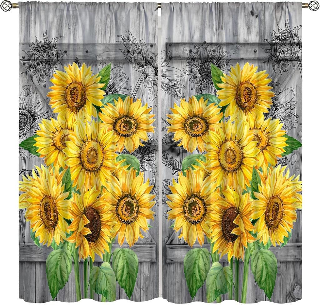 Sunflower Curtains for Kitchen,Black Pithy Rustic Sunshine Beautiful Wonderful Sunflower Plant Flower Butterfly Window Drapes