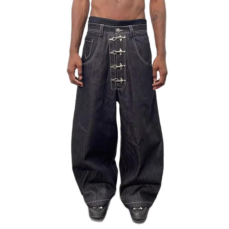 Retro Aviator Buckle Wide Leg Denim Pants Men Women - High Waist Loose Fit Straight Cut Streetwear Jeans