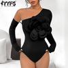 Women's Fashion Casual Flower Pattern Print Spring Fall Long Sleeve Oblique Collar Bodysuits