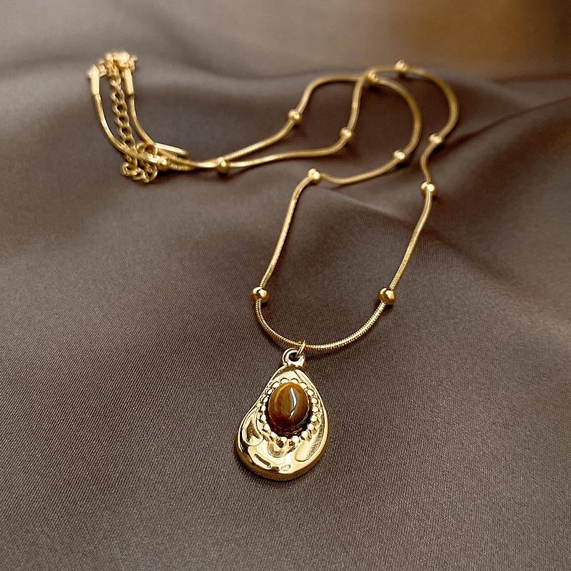 Maillard Vintage Oval Tiger Eye Long Necklace: Niche Light Luxury Sweater Chain for Women