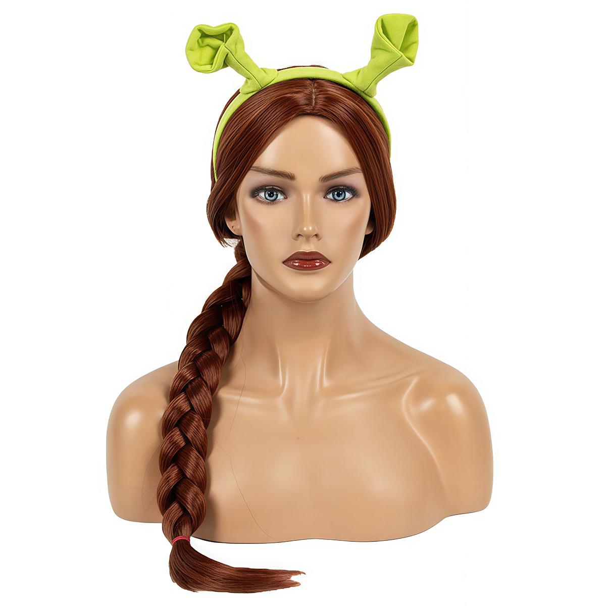 

Red Brown Single Long Braid Wig Green Hairband Natural Bangs Red Band Fastened Synthetic Daily Cosplay