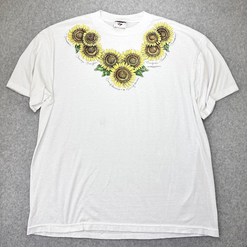 Vintage Sunflower Floral T Shirt Size Adult Large Garden Plants Flowers White