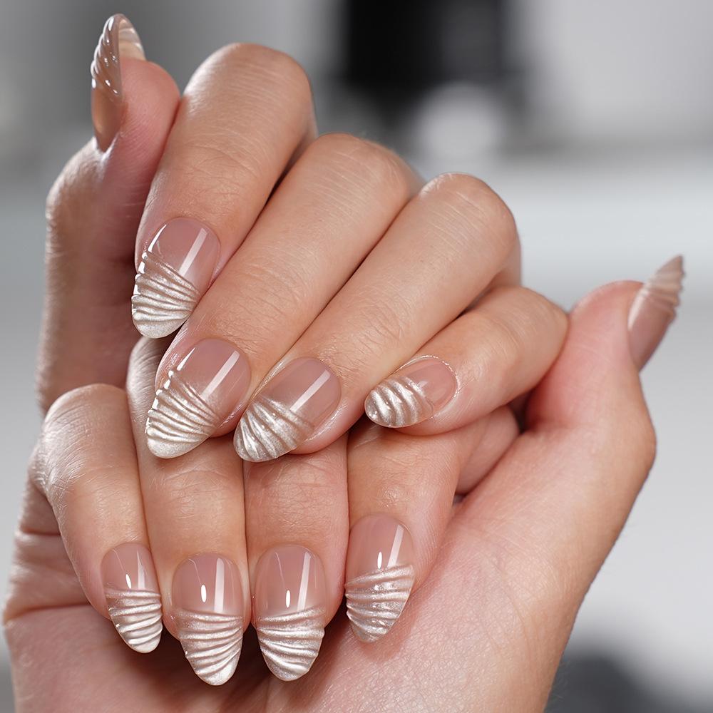 Elegant French Style Cat Eye False Nails with Magic Mirror Powder - Glue-On Nail Art Tips