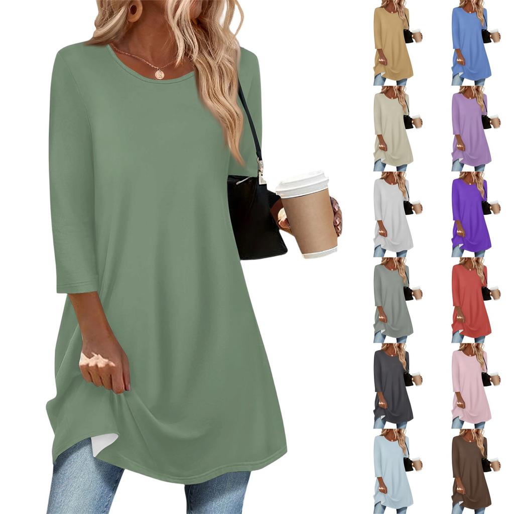 Women's Fashion Casual Three-quarter Sleeve Long Solid Color Round Neck Top