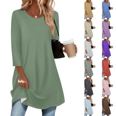 Dammode Casual Trekvartsärm Lång Enfärgad Rundhalsad Topp