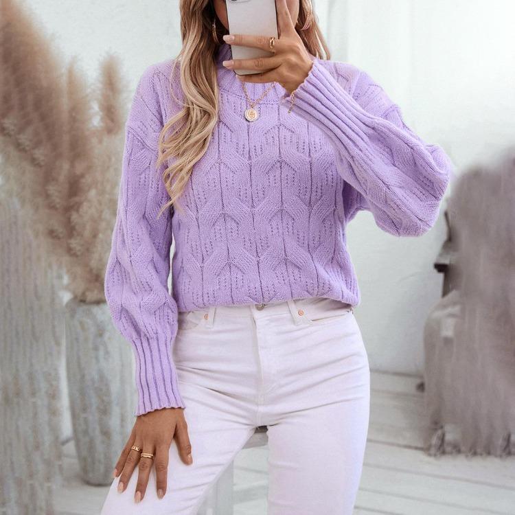 Autumn Winter Vintage Stand Collar Loose Knitwear Pullover Long Sleeve Solid Color Sweater Top