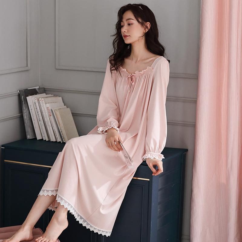 Nightgown Women'S Spring And Autumn Pure Cotton Long-Sleeved Court Style Long Knee Loungewear Autumn Cotton Princess Style Loungewear