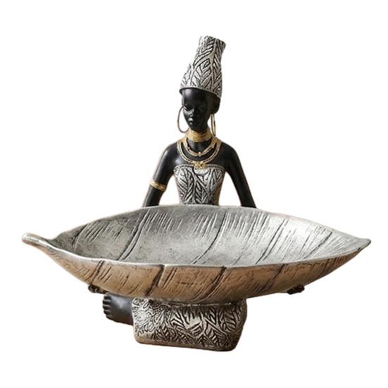 

African Woman Holding Leaf Bowl Resin Statue Tribal Kneeling Figurine Jewelry Tray Desktop Decorative Snack Holder for Home Shelf Decor серебряный
