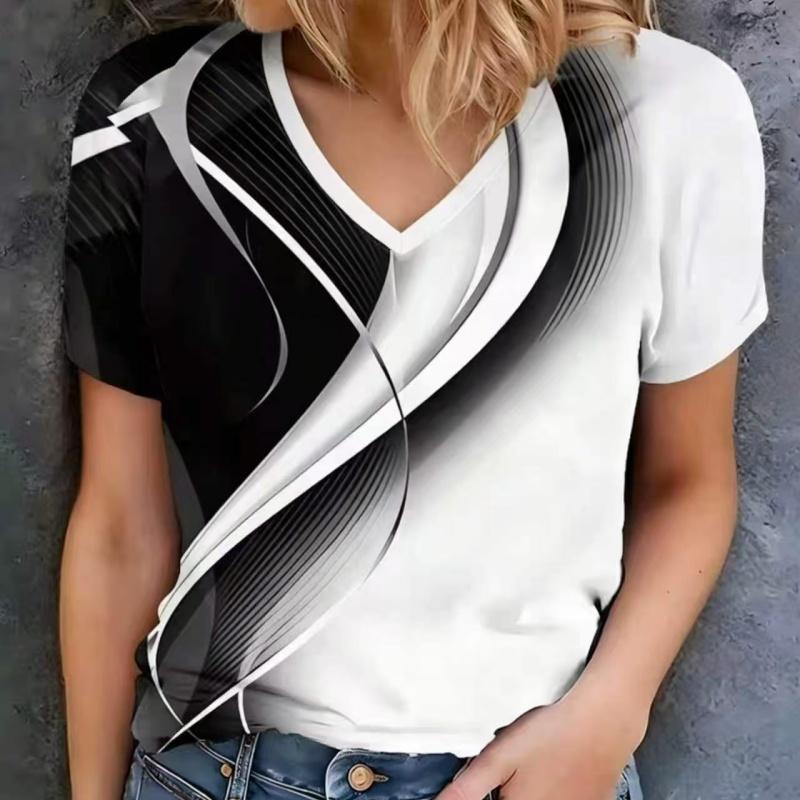Sommer Damen 3D-Druck V-Ausschnitt T-Shirt Mode Vielseitig Atmungsaktiv Trend Lässig