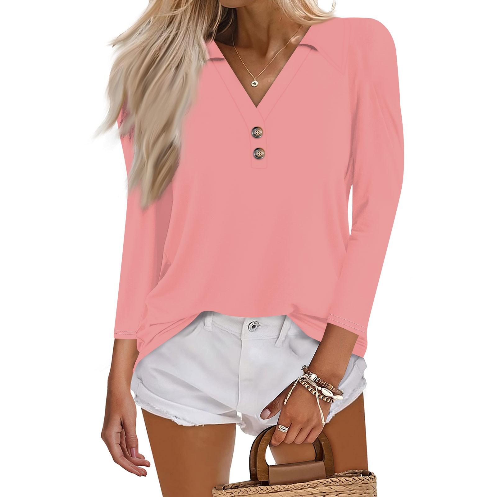 

Женская летняя модная повседневная однотонная рубашка с v-образным вырезом и воротником на пуговицах с семиточечным принтом, топ XL арбуз красный