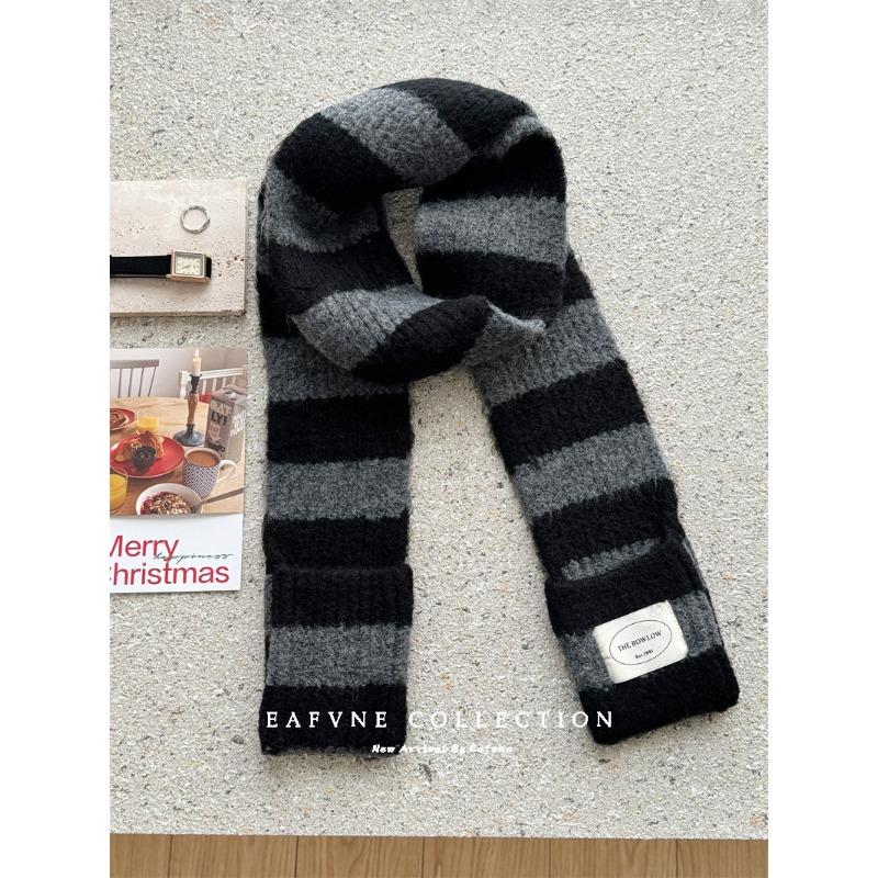 Black and White Striped Plush Small Scarf for Women Autumn and Winter Korean Style  Versatile Thickened  Warm and Cold Proof Narrow Scarf