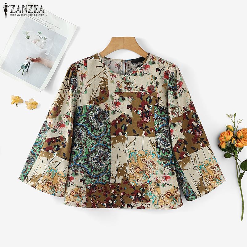 ZANZEA Women Ethnic Print Casual Round Neck 3/4 Sleeve Blouse