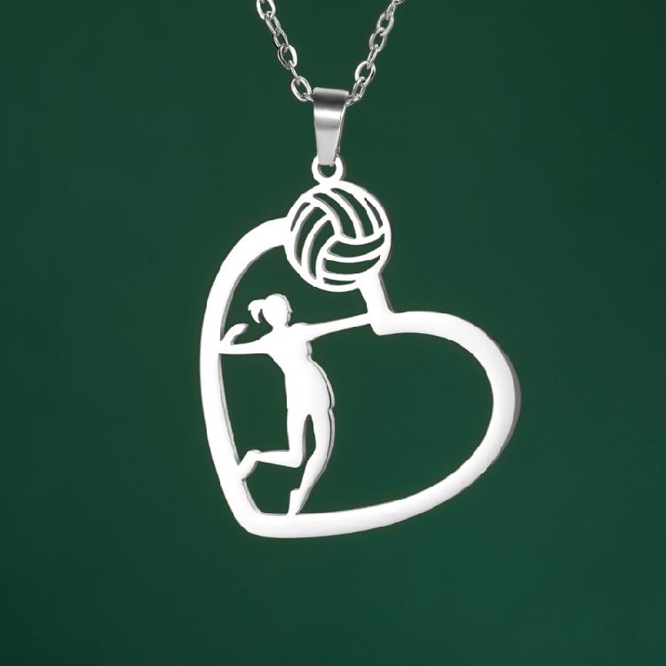 Lightweight Stainless Steel Necklace With Athletic Volleyball Pose And Heart Pendant Neck Chain For Women And Men