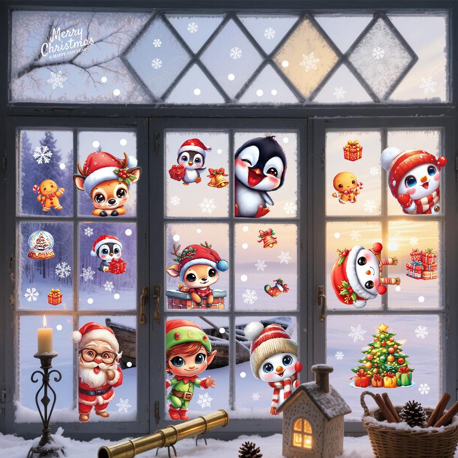 9 Sheets Christmas Window Clings Cute Santa Snowman Reindeer Merry Christmas Glass Stickers Winter Wonderland Window Decals