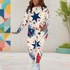 Women Plus Size Round Neck Long Sleeve Red Blue White Star Printed Two Piece Pants Set