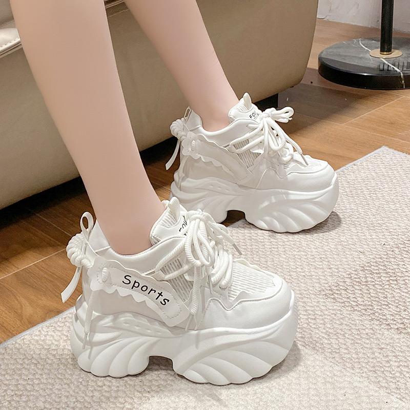 Mode Damen Casual Plateau Sneaker 10CM Hohe Absätze Frühling Sport Leder Dad Schuhe Atmungsaktive Trainer Chunky Sneaker Zapatos Mujer