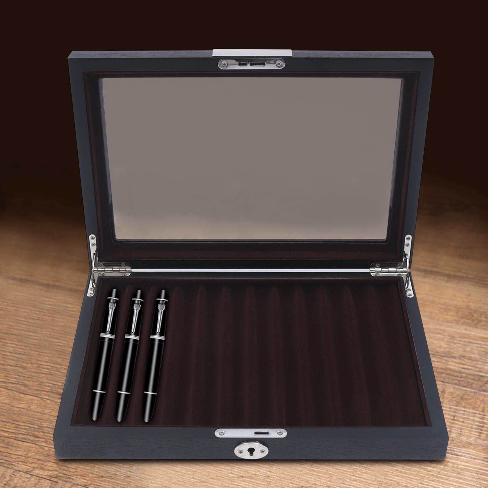 Wood Pen Display Case, 12 Capacity Fountain Pen Storage Organizer with Lock and Key - Luxury Collector's Showcase Box, Black nero