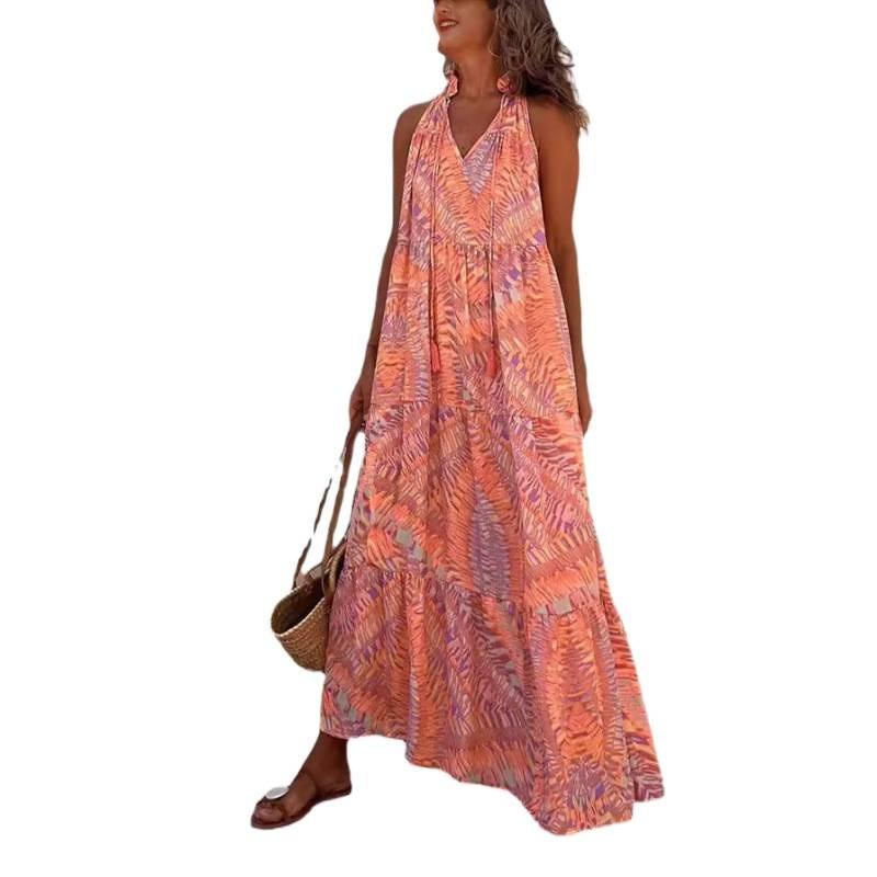 Loose Fit Printed Halter Neck Sleeveless V-Neck Maxi Dress With Flared Skirt Streetwear Casual Outfit