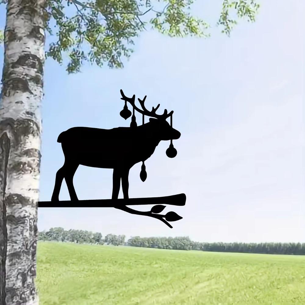 Elk Christmas on Branch Iron Art Metal Silhouette Wall Décor for Home, Garden, Yard, Patio, and Outdoor Statue Stake Decoration