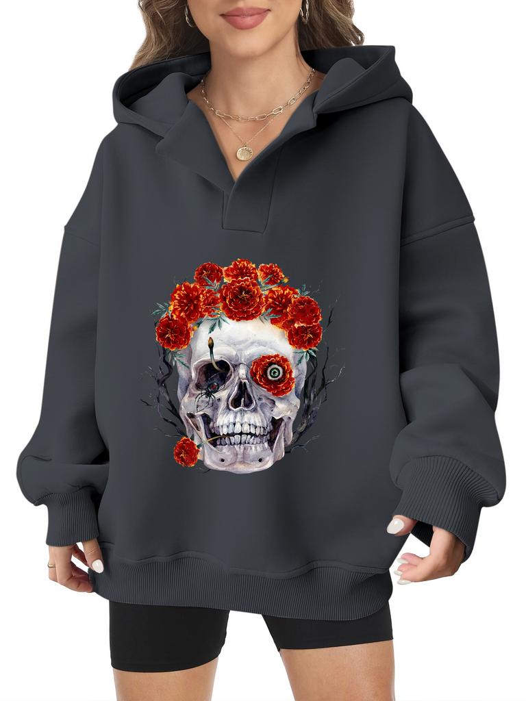 2025 new European and American Halloween women's hooded sweater front and rear pattern winter fleece loose casual