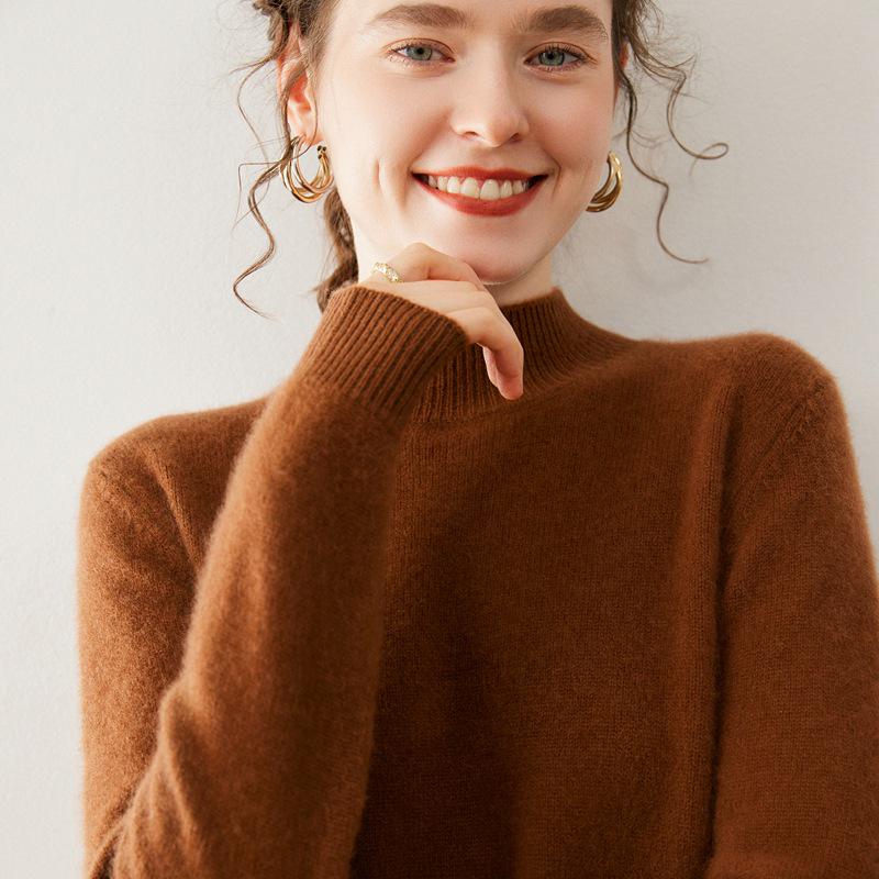 Women's Cashmere Sweater, Soft & Sticky, Half-High Collar, Solid Color, Seven-Gauge Knit, Thick Base Layer, Slimming Versatile Top.