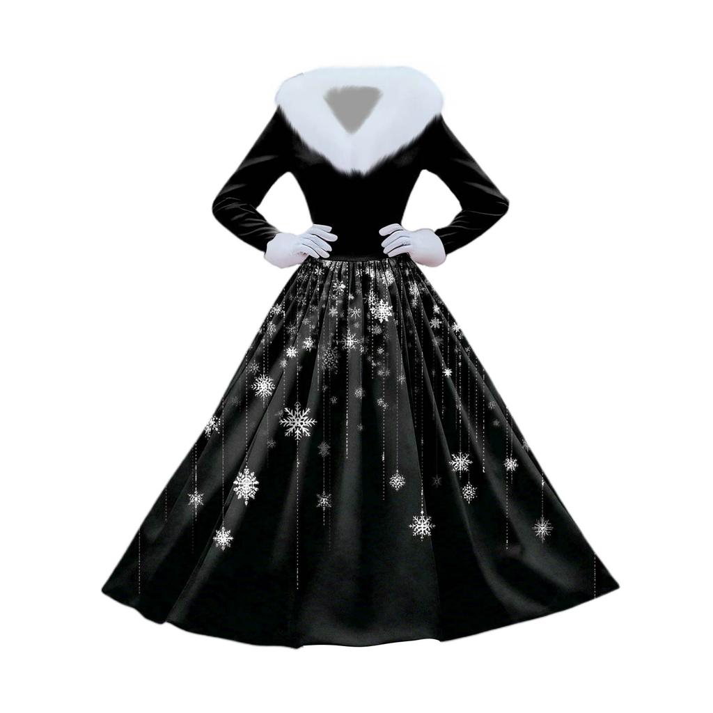 Dámské ležérní šaty s dlouhým rukávem, V-výstřihem, patchworkové fleecové šaty s vánočním potiskem