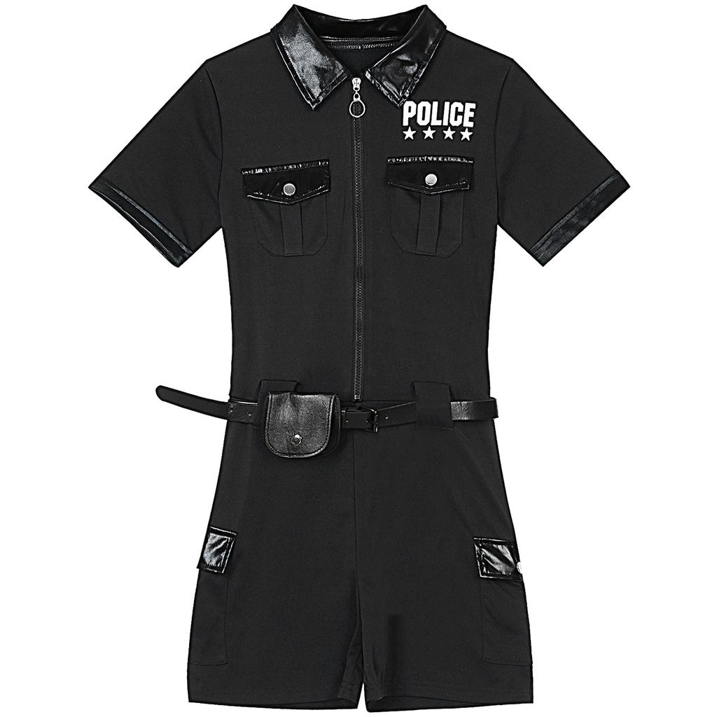 Womens Police Costume Jumpsuit with Front Zipper and Belted Waist for Role Play or Dress Up Parties