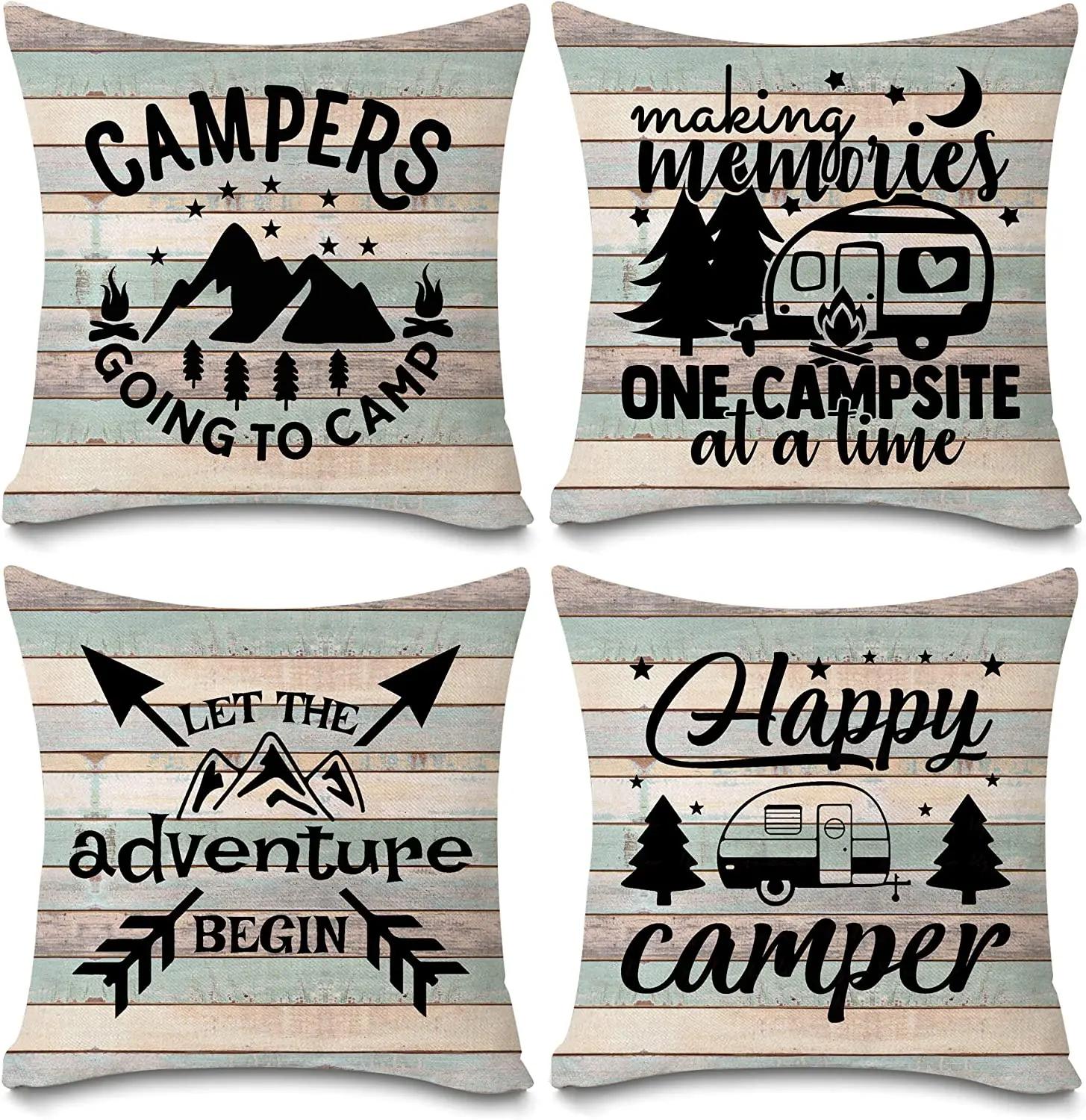 

Happy Camper Pillow Cases Vintage Rustic Wood Background Inspirational Quotes Home Outdoor Decorative Cushion Cover Set of 4 12x12Inch