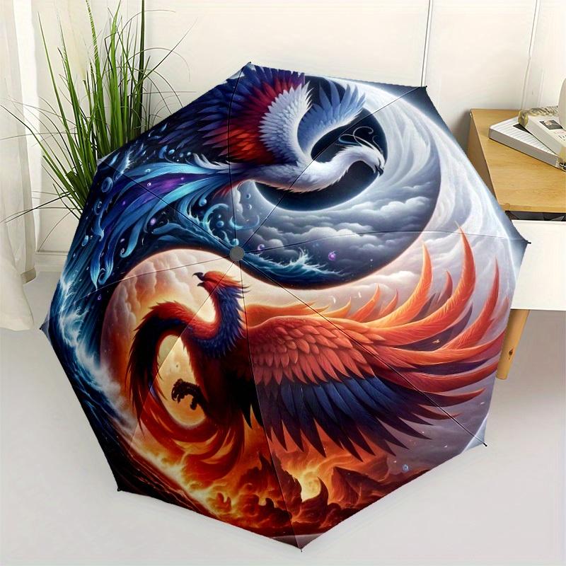 1pc Phoenix Yin Yang Automatic Folding Umbrella - 8-Rib Iron Frame, Windproof, Portable Sunshade with Plastic Handle for Travel & Outdoor Ac