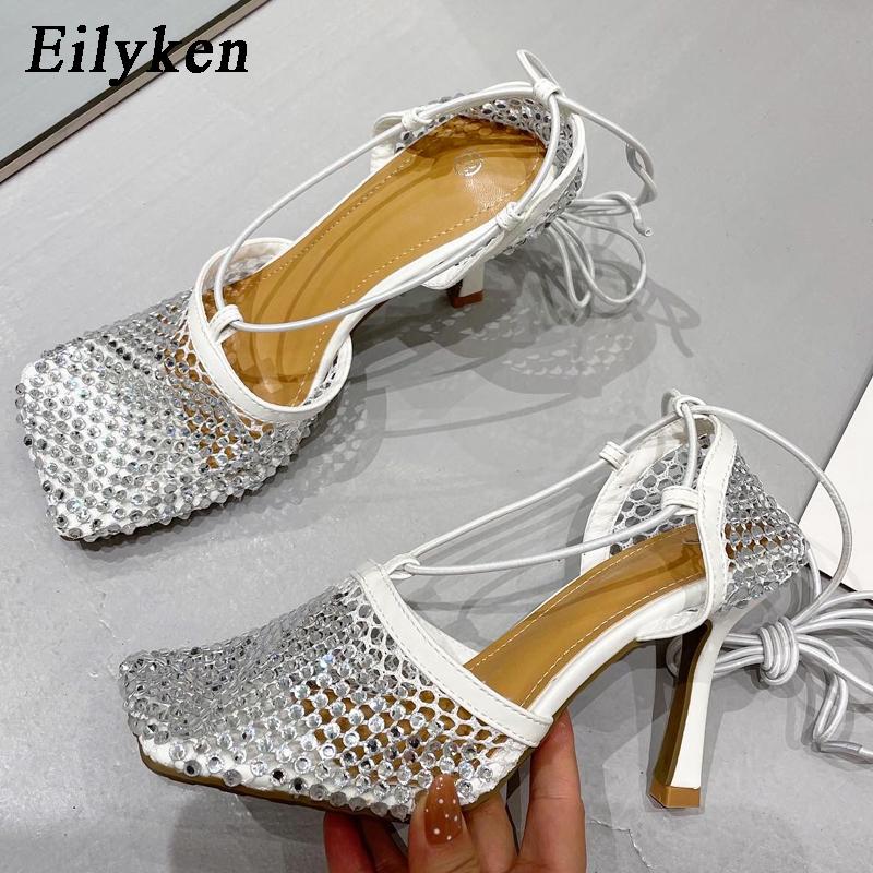 Fashion Eilyken Yellow Green Fashion Women High Heel Crystal Fishnet Pumps Square Toe Ankle Cross Tied Rhinestone Sandals  Shoes