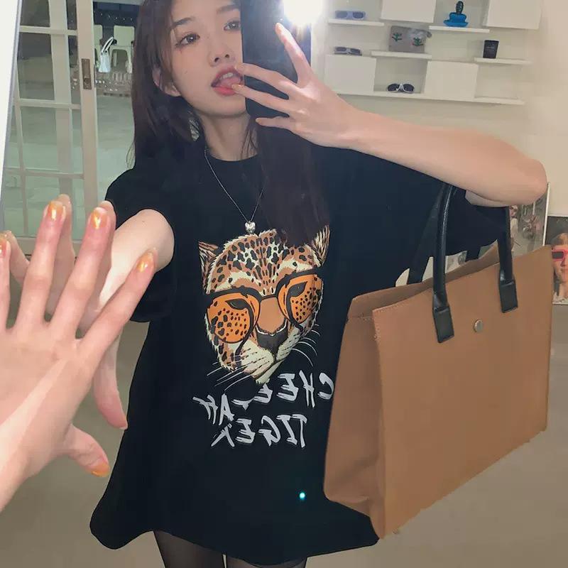 

Футболка средней длины с короткими рукавами и принтом тигра для женщин, новый повседневный свободный топ с короткими рукавами на лето XXXL