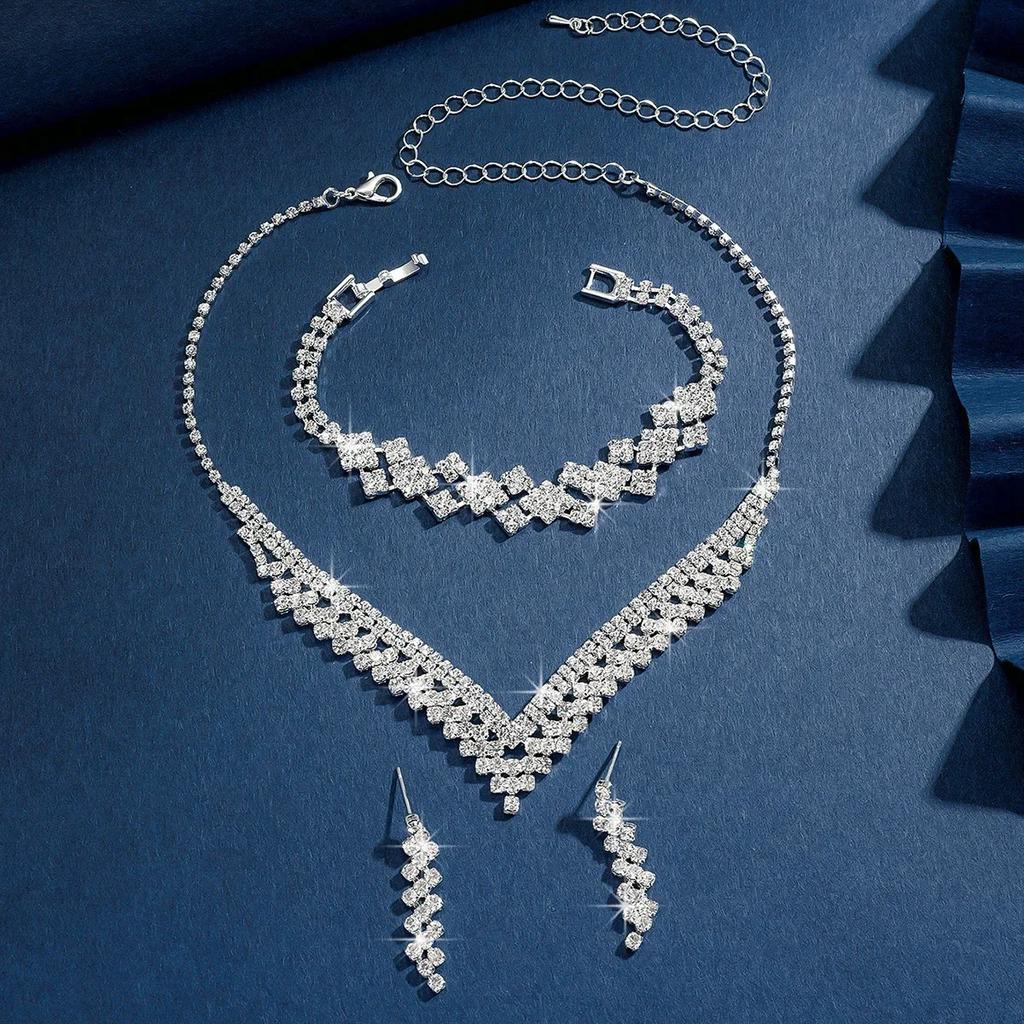 3pcs Bridal Jewelry Set  Plated Rhinestone Fold Clutch Bracelet Tassel Earrings Wedding Jewelry Gift Trendy Style